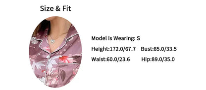 Satin Pajama for Women Flower Print Sleepwear Set Soft Comfort Home Clothes Autumn Short Sleeve Tops & Pants Pyjama Pijama Femme
