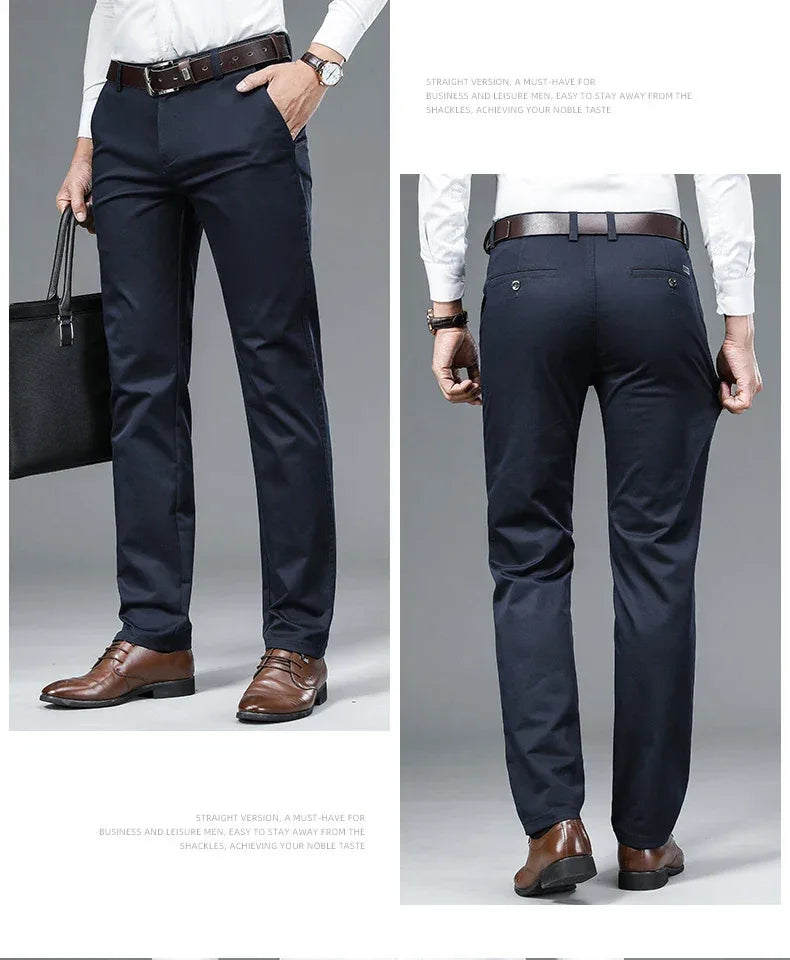Autumn Classic Style Men's Beige Business Straight Casual Pants Stretch Cotton High Waist Solid Brand Trousers Khaki Green Black