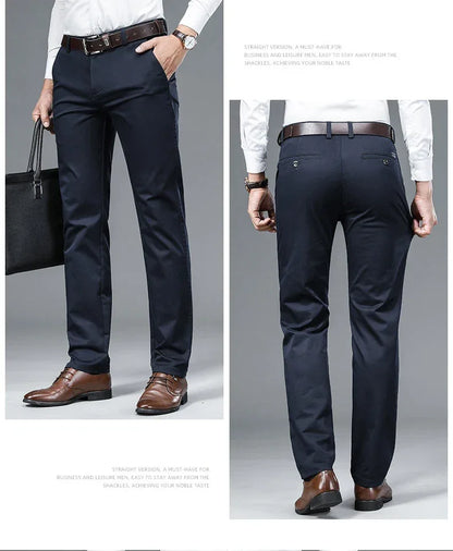 Autumn Classic Style Men's Beige Business Straight Casual Pants Stretch Cotton High Waist Solid Brand Trousers Khaki Green Black