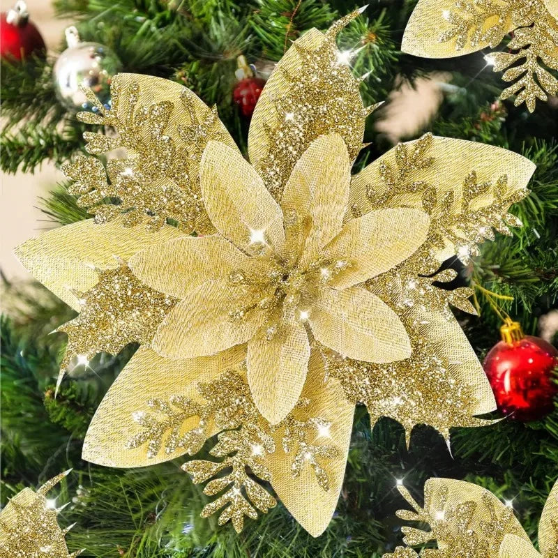 10/1Pc Christmas Glitter Artificial Flowers DIY Christmas Tree Hanging Ornaments Fake Flower For Xmas New Year Party Decor Gifts