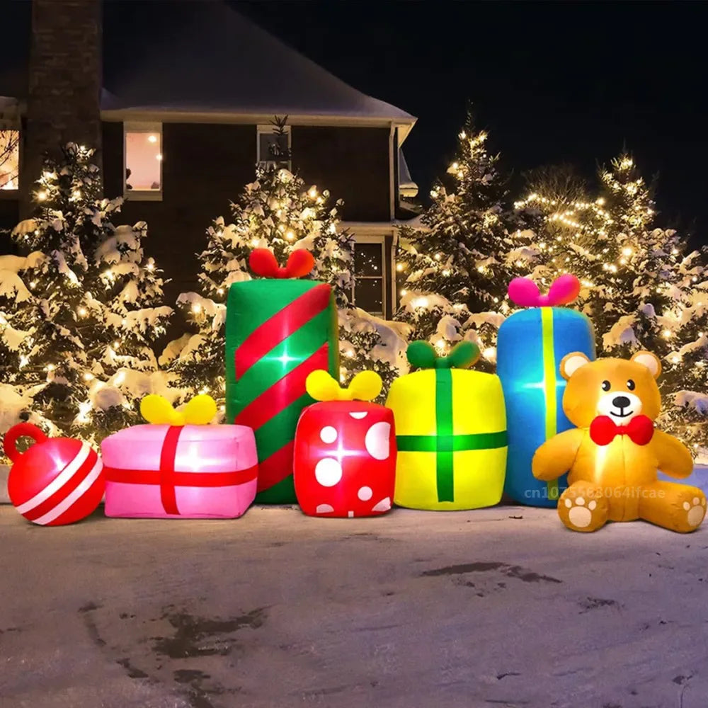 3M Christmas Inflatables Bear And Six Gift Boxes Built-in LED Lights Inflated Model Toy Outdoors Xmas Festival Party Yard Props