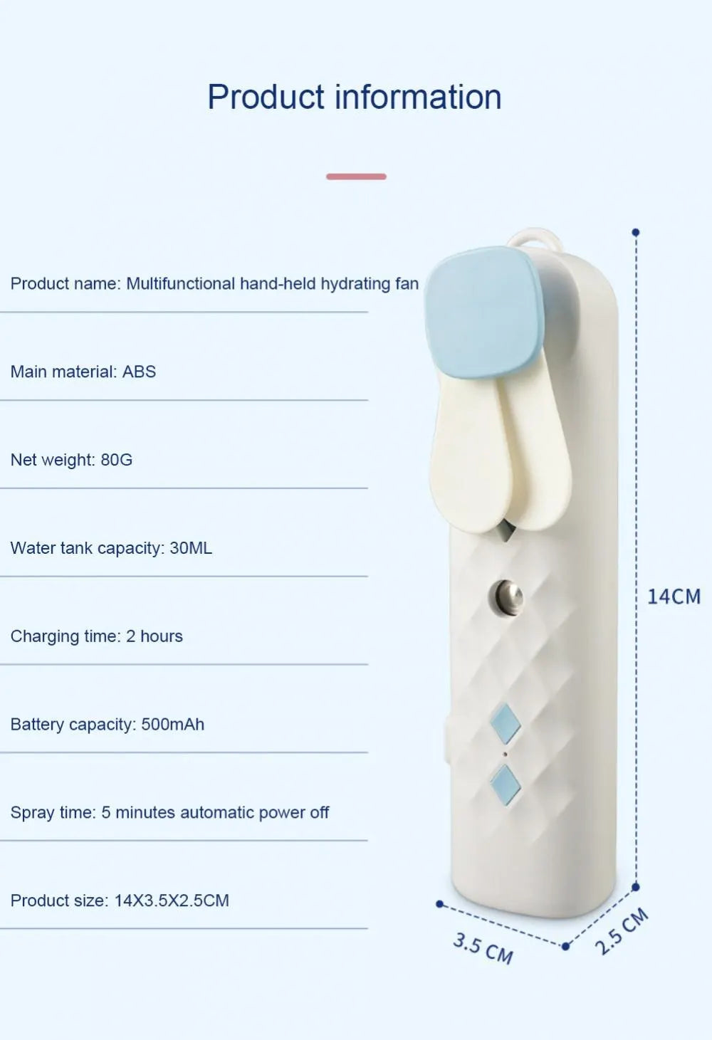 2 In 1 Portable Fan Humidifier USB Rechargeable Handheld Fan Water Spray Fan Face Steamer Air Conditioner Cooling Fan
