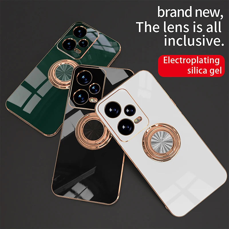 Luxury Plating Silicone Magnetic Holder Stand Case For XiaoMi 13T 14T Redmi 13C 14C 4G Note 12 13 14 Pro Plus 5G Back Cover