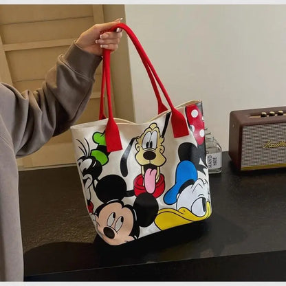 Cartoon Mickey Tote Bag Canvas Bag with Goofy Pattern Shoulder Bag Fashion Travel Large Capacity Canvas Bag Women Shopping Use