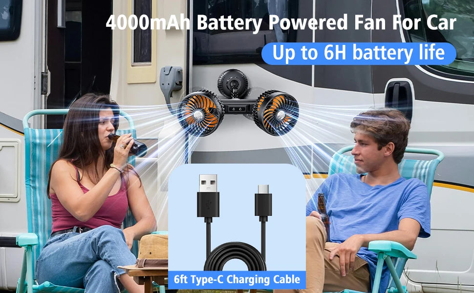 Eary Car Suction Cup Dual-Head Fan 12V/24V 360°Rotatable with 4000mAh Battery 3 Speed Wind Universal Electric for Truck Van Suv