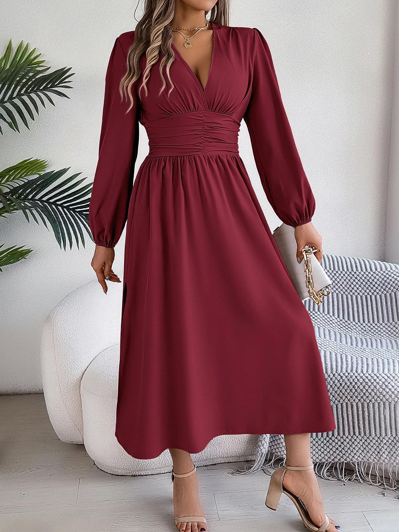 Spring Summer Vacation High Split V-Neck Long Sleeve Dresses for Women Bridesmaid Dress