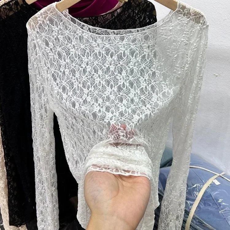 2025 Sexy and slightly transparent black lace shirt women long sleeved Spring and Autumn New slim fit inner layer with mesh