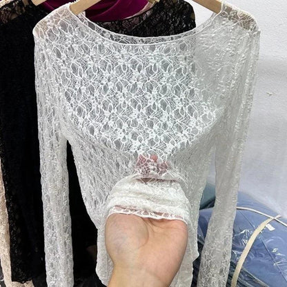 2025 Sexy and slightly transparent black lace shirt women long sleeved Spring and Autumn New slim fit inner layer with mesh