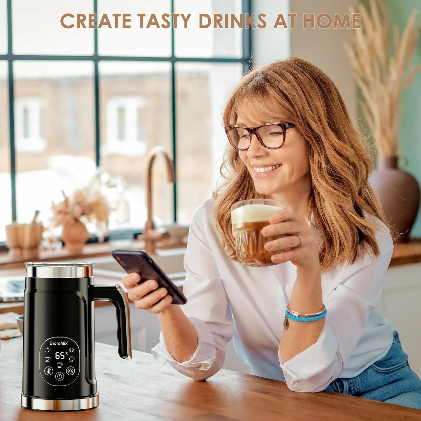 BioloMix 5-in-1 Milk Frother with Upgraded LED Display Touch Screen - Hot And Cold Foam Maker Milk Warmer for Coffee Latte