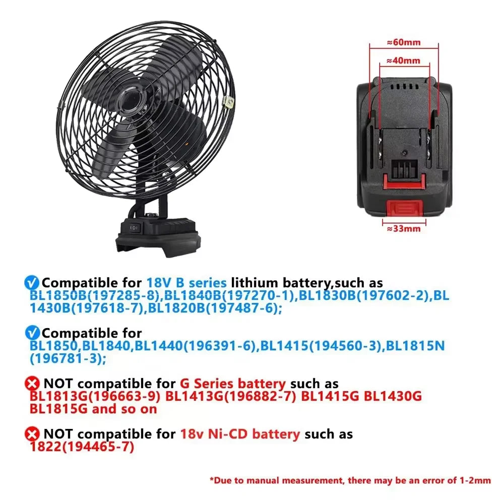 Camping Fan 8 Inches Wireless Outdoor Fishing Desktop Portable Metal Fan Strong Wind Fan Fit Makita/Dewalt 20V Battery  Pins
