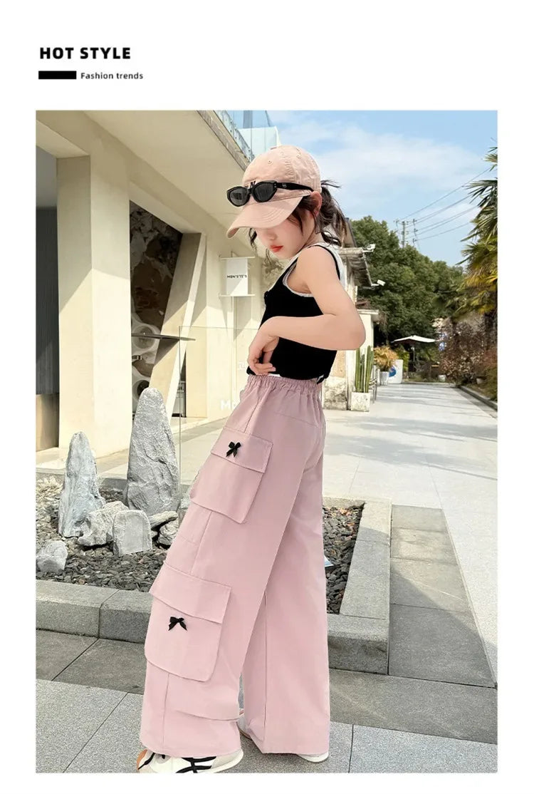 Kids Cargo Pants with Side Pocket for Tweens Girl High Fashion Hip Hop Bow Trousers Child Street  Pink Black Trackpants Hot Sell