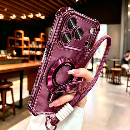 Luxury Transparent Magnetic Stand Plating Phone Case For iPhone 18 Pro Max 17 Pro 16 15 14 Plus 13 12 11 With Soft Lanyard Cover