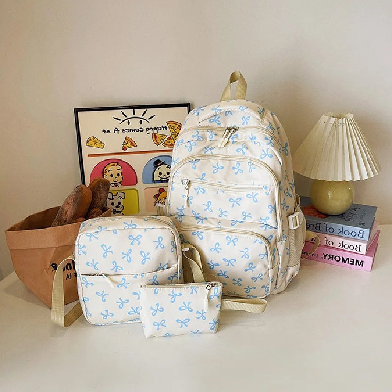 3 Pcs/Set Cute girl Large Capacity Backpack Bow Print Nylon Schoolbag Adjustable Strap Women daily Campus Backpack