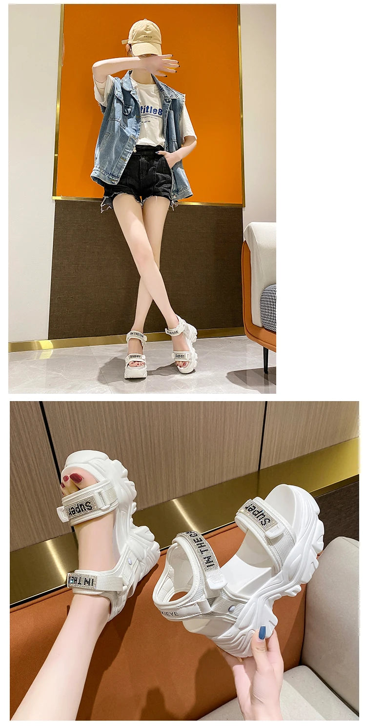New Summer Black Women High Platform Sandals 11CM Wedge Heels Bling Slippers Peep Toe High Heels White Leather Chunky Flip-Flops