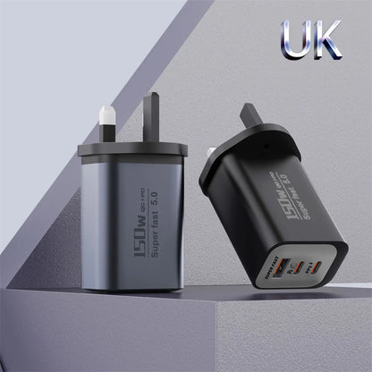 150W Fast Charger 3 Ports USB C PD3.0 QC3.0 Super Fast Wall Adapter for iPhone 17 16 Pro Samsung S24 Xiaomi 15 Huawei EU UK US