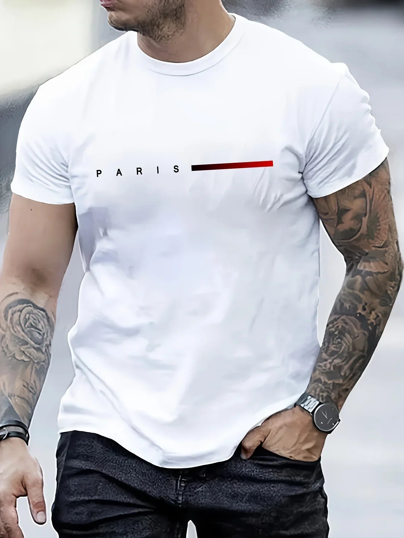 Men's 100% Cotton Summer Loose PARIS Creative Letter Print Casual Slim Fit Round Neck Short Sleeved T-shirt Top
