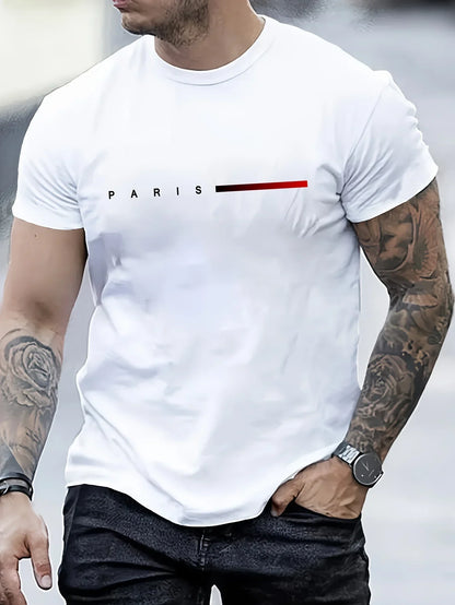 Men's 100% Cotton Summer Loose PARIS Creative Letter Print Casual Slim Fit Round Neck Short Sleeved T-shirt Top