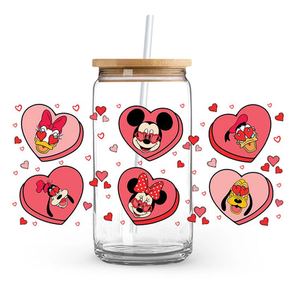Valentine's Day cartoon Mickey Minnie Stitch Love 16oz Glass Cup UV DTF Transfer Film High-Quality Wraps Transfer Decals
