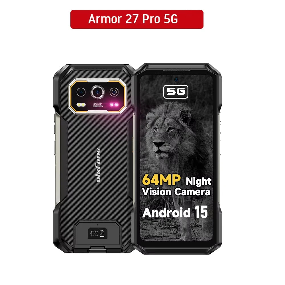 Ulefone Armor 27 Pro 5G Rugged Phone 10600mAh Smartphone 50MP Camera 64MP Night Android 15 Up to 24GB+256GB NFC Waterproof Phone