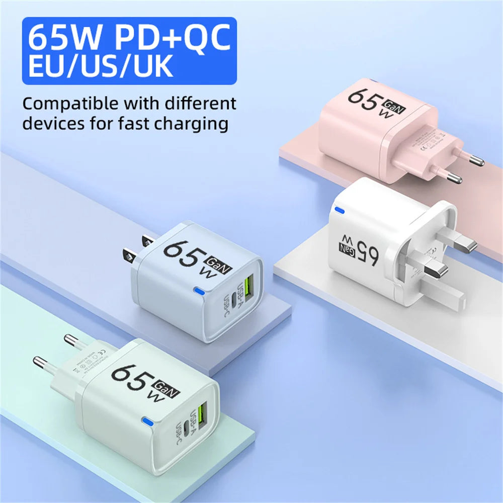 GaN 65W USB C Charger 3 Ports Quick Charge 3.0 QC3.0 Fast Charger Travel Wall Adapter for iPhone Samsung Xiaomi Huawei EU UK US