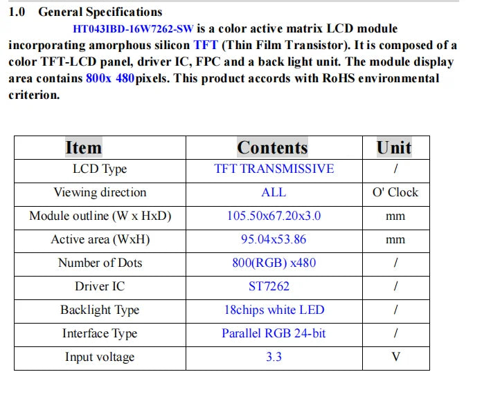 IPS Display 4.3 Inch with 800x480 Resolution RGB Communication IPS 1000 High Brightness LCD Screen
