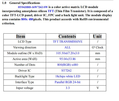 IPS Display 4.3 Inch with 800x480 Resolution RGB Communication IPS 1000 High Brightness LCD Screen