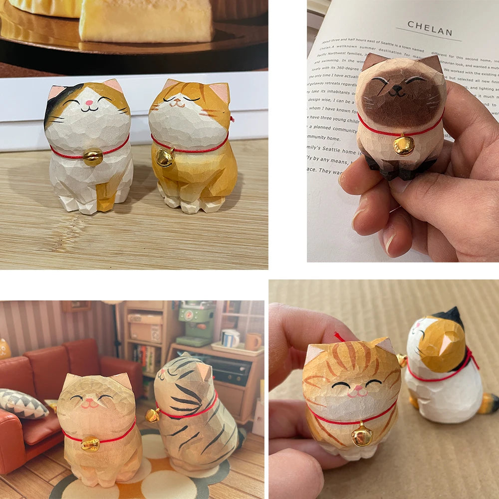 Cute Cat Animals Figurine Decorative Wooden  Ornament Kitten Statue Calico Golden gradient cat Home Office Desk Car Decor Gift