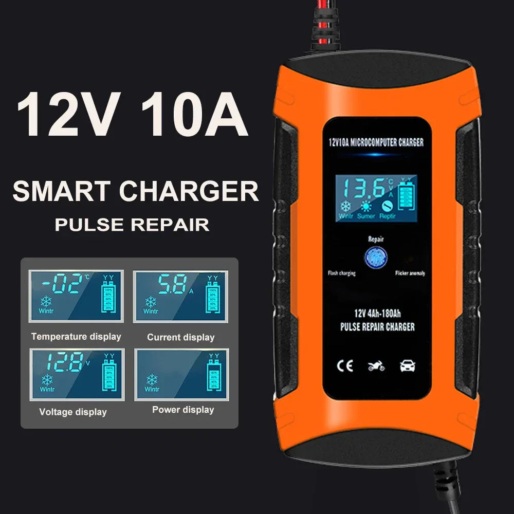 Pulse Repair Car Battery Charger 12V Output Current 10A Max Digital Display Summer Winter Mode Lead-Acid Battery Charger