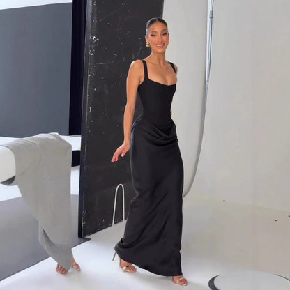 CHNMR Sexy Backless Ruched Maxi Dress for Women U-neck Sleeveless Bandage Bodycon Black Long Dresses Lady Evening Party Gown