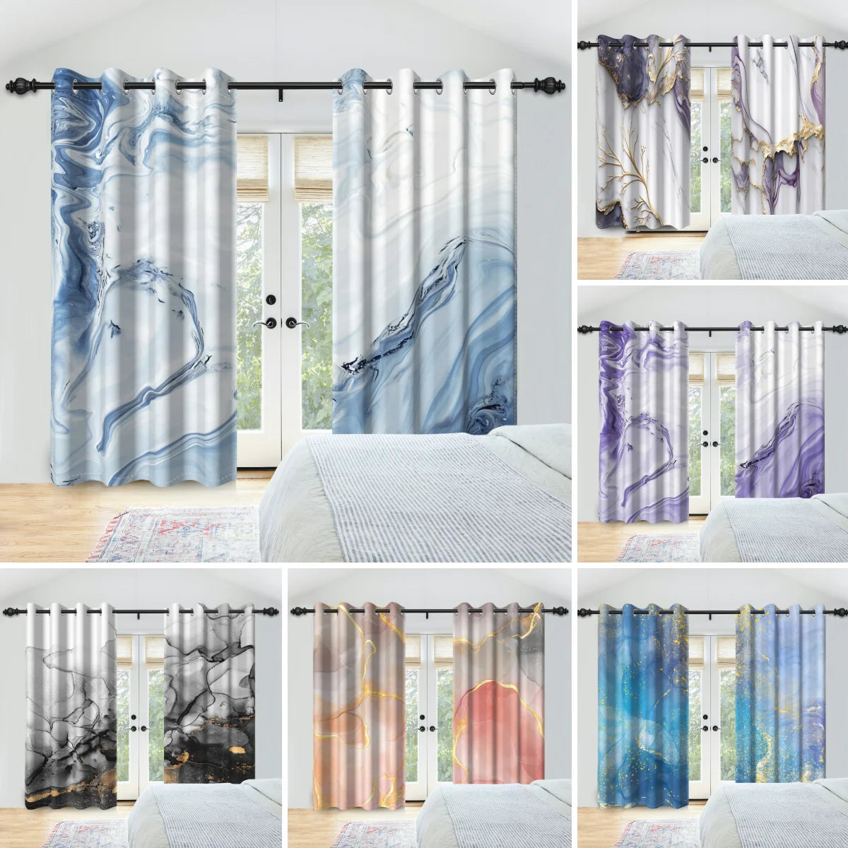 2pcs/set Marble Print Blackout Curtain Modern Window Drapes Blue Gold Pink Thermal Insulated Living Room Bedroom Home Decoration