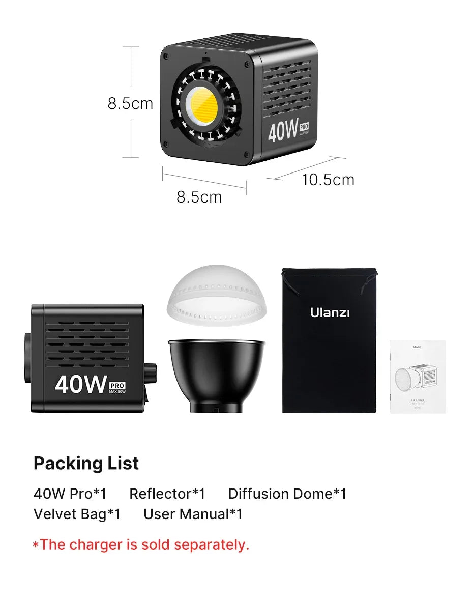 Ulanzi L023 40W Pro Portable LED Video Light Bi-Color COB Photographic Studio Light 2500K-6500K 3400mAh for Video Live-streaming