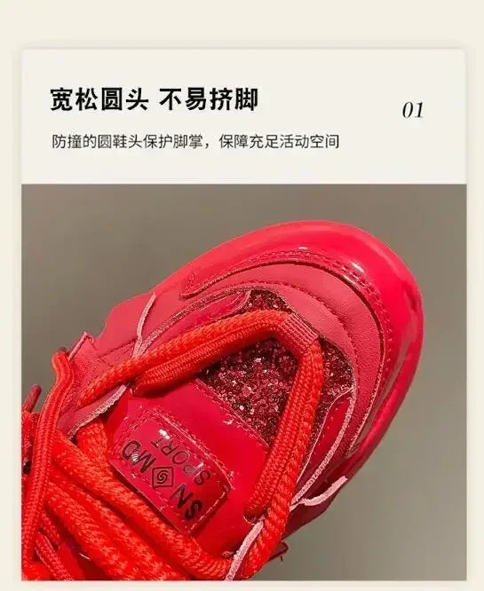 8CM Women Bling Red Chunky Sneakers Winter High Platform Warm Fur Shoes Ladies Wedges Casual Dad Shoes Leather Sports Sneakers