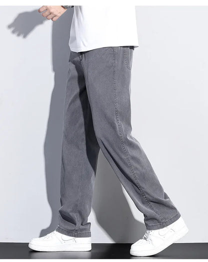 2024 Summer Jeans for Men Thin Soft Lyocell Fabric Loose Straight Wide Leg Pants Elastic Waist Casual Trousers Plus Size M-5XL
