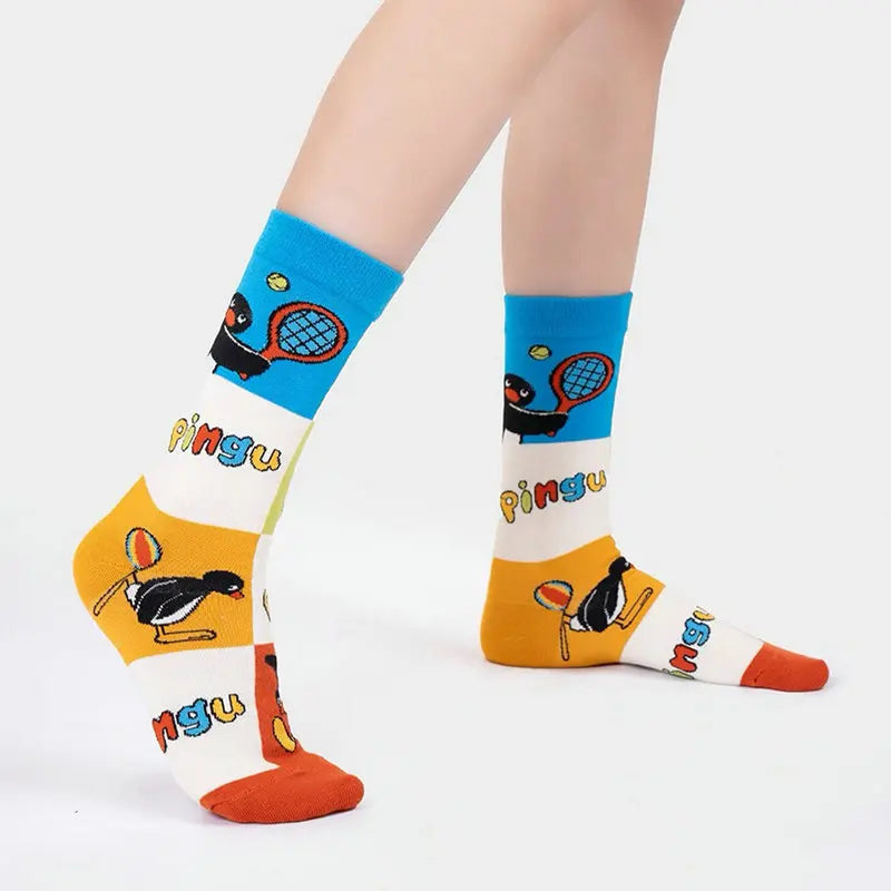 1/2Pairs Autumn and Winter Season Trendy Cartoon Cute Original Versatile Animal Colorful Pattern Simple Penguin Middle Socks