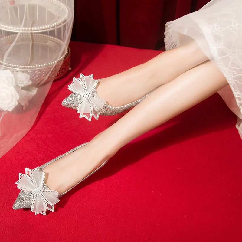 Crystal Butterfly-knot Flat Wedding Shoes Slip  Shoes Women Shiny Gold Silver Bridal Shoes Beaded  Flat Heels Med (3cm-5cm)