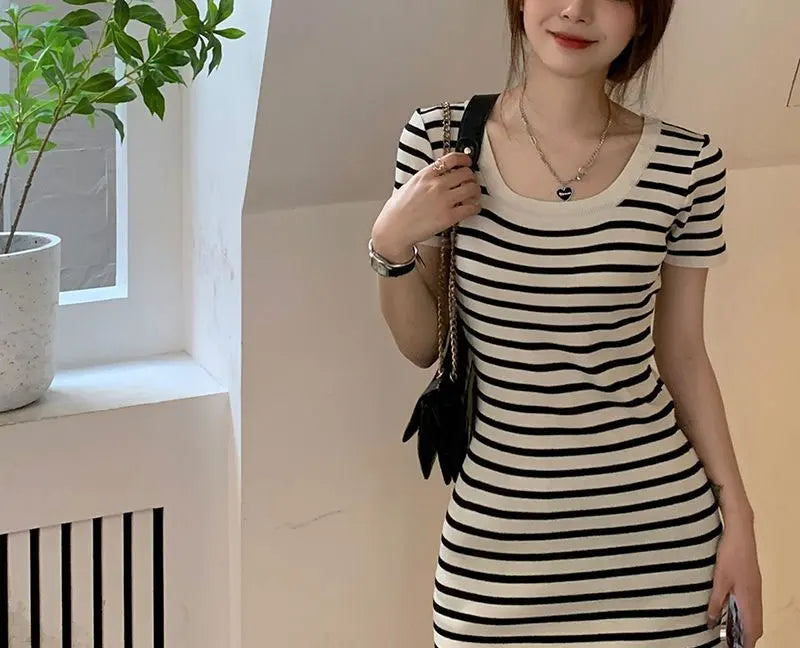 Fashion Striped Knitted Mini Dress Summer Korean Square Collar Waist Women's Clothing Slim Bag Hip Casual Short Sleeve Dresses