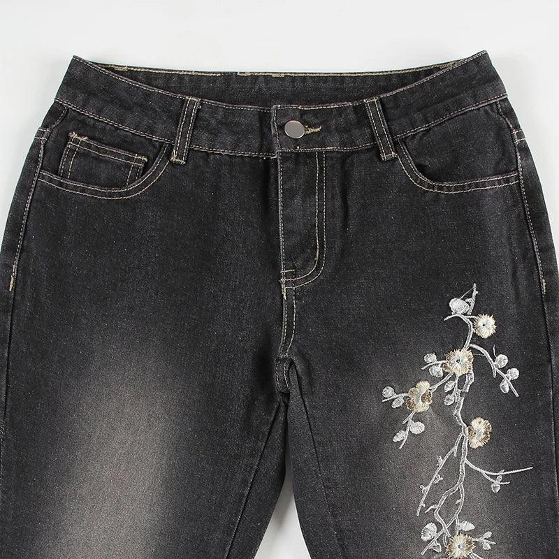 Floral Embroidery Jeans Women Y2K Streetwear Baggy Denim Pants Vintage 2000S Low Rise Flared Jeans Female High Street Trousers