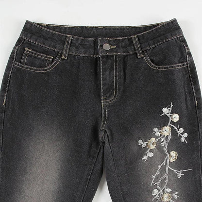 Floral Embroidery Jeans Women Y2K Streetwear Baggy Denim Pants Vintage 2000S Low Rise Flared Jeans Female High Street Trousers