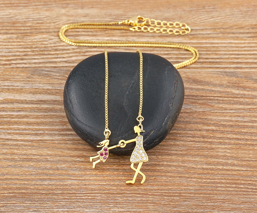 Nidin Exquisite Gold Plated Mom Daughter Necklace Girl Boy Pendant Chain Choker Cubic Zirconia Jewelry Mother's Day Gift