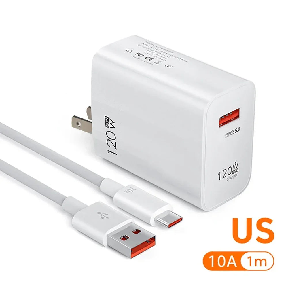 USB GaN 120W Charger Quick Charge 3.0 EU/US Plug Phone Charger Adapter Type C Wire For iPhone Samsung Xiaomi Huawei Fast Charger