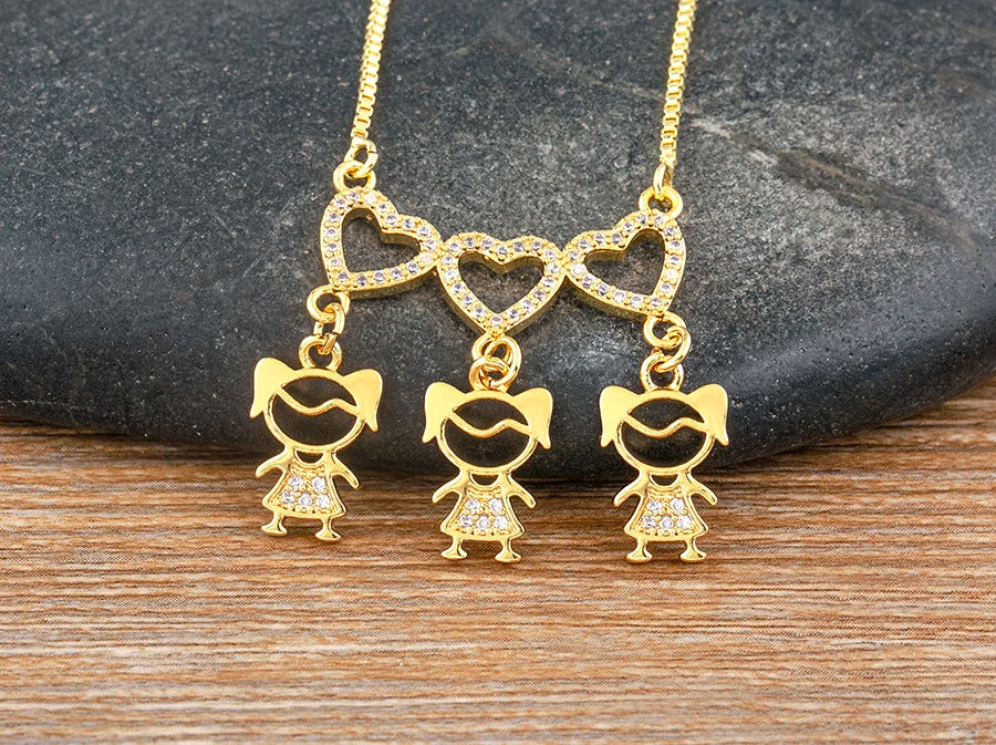 Nidin Exquisite Gold Plated Mom Daughter Necklace Girl Boy Pendant Chain Choker Cubic Zirconia Jewelry Mother's Day Gift