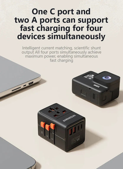 65W/45W/25W GaN Universal Travel Adapter with 2 USB 2 Type C Fast Charging All-in-one Travel Charger EU/UK/USA/AUS for Travel