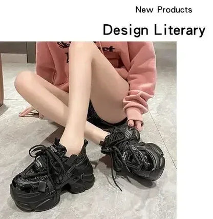 8CM Women Bling Red Chunky Sneakers Winter High Platform Warm Fur Shoes Ladies Wedges Casual Dad Shoes Leather Sports Sneakers