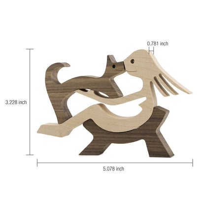 Family Puppy Wood Dog Craft Figurine Desktop Table Ornament Carving Model Home Office Decoration Pet Sculpture Christmas Gift