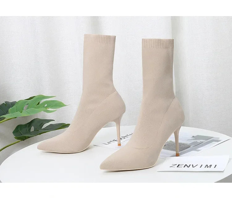 Comemore Knitting Stretch High Heels for Women Fashion Shoe 2025 Spring Autumn Ankle Boot Female Sexy Sock Boots Plus Size 34 42