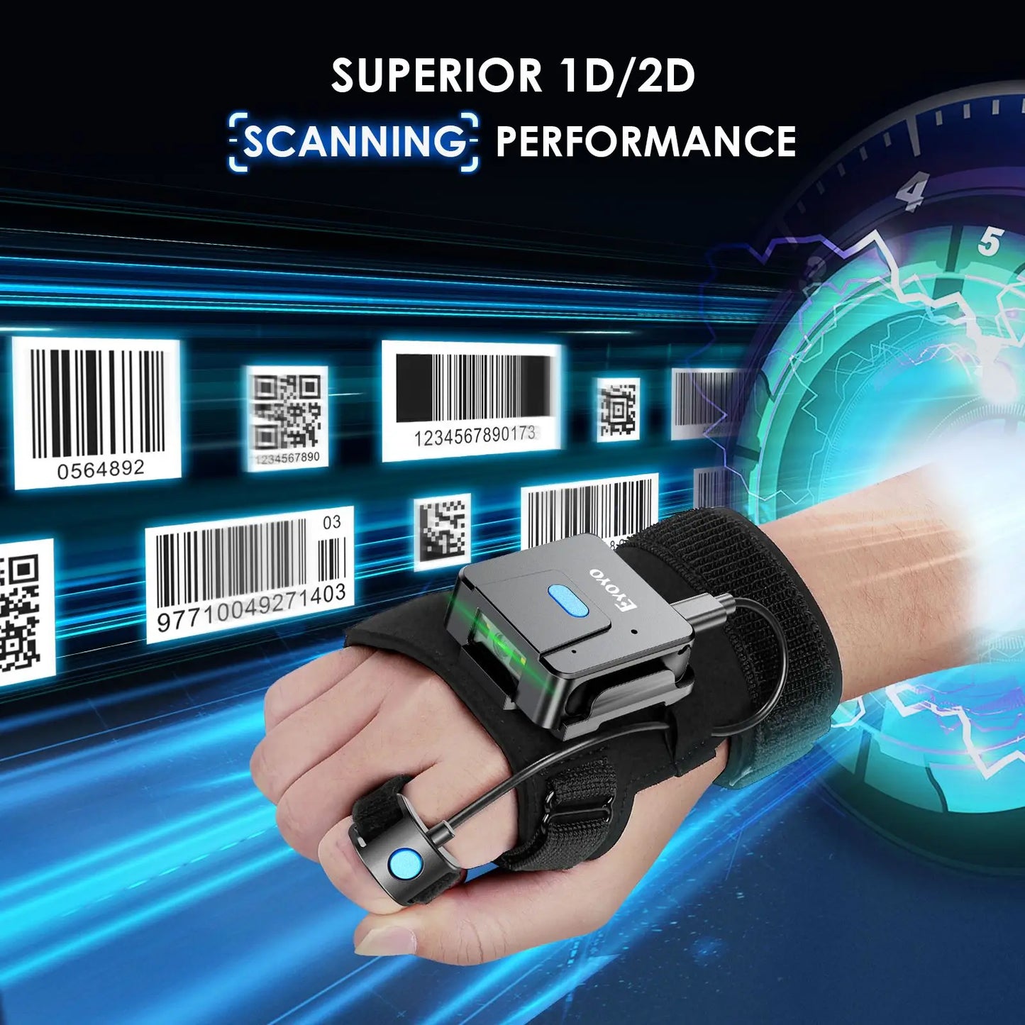 Eyoyo 2D Bluetooth Barcode Scanner Left&Right Hand Glove Wearable Scanner Patable 1D QR Finger Bar Code Reader Wireless Device