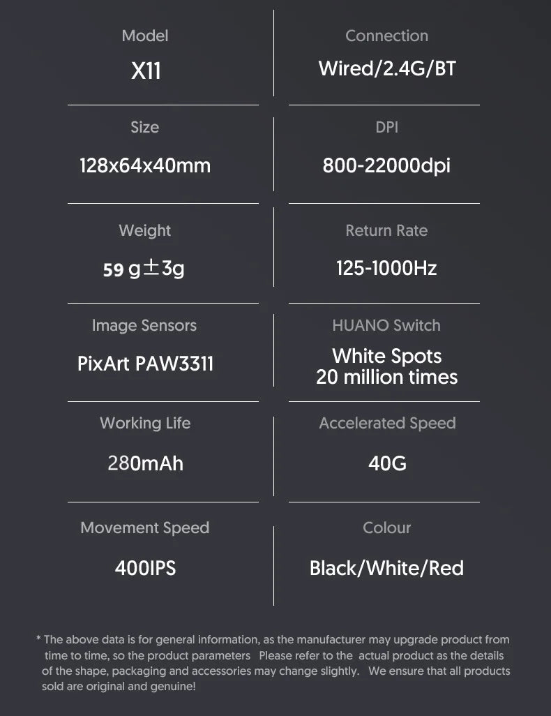 ATTACK SHARK X11 Wireless Gaming Mouse PAW3311 Sensor 22000DPI 3 Modes Wired 2.4G BT 280mAh Rechargeable Mouse