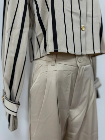 Autumn Korean Fashion High End Long Sleeve Stripe Shirt High Waist Slim Suit Pants Formal Commuter Two Piece Set Women Outfits