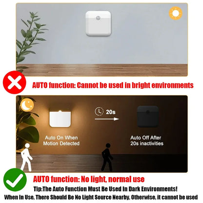 PIR Motion Sensor LED Night Light USB Rechargeable Withswitch Night Lamp for Bedroom Kitchen Cabinet Light Wireless Closet Light