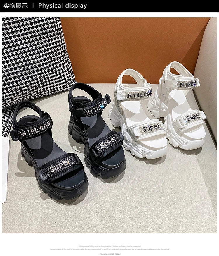 New Summer Black Women High Platform Sandals 11CM Wedge Heels Bling Slippers Peep Toe High Heels White Leather Chunky Flip-Flops